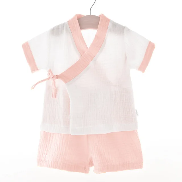 baby Gauze Kimono Comfort Short Sleeve Children's Sleepwear Suit Pyjamas Sets For Kids Hanfu Style Pajamas Christmas Gift Z885 - Цвет: Розовый
