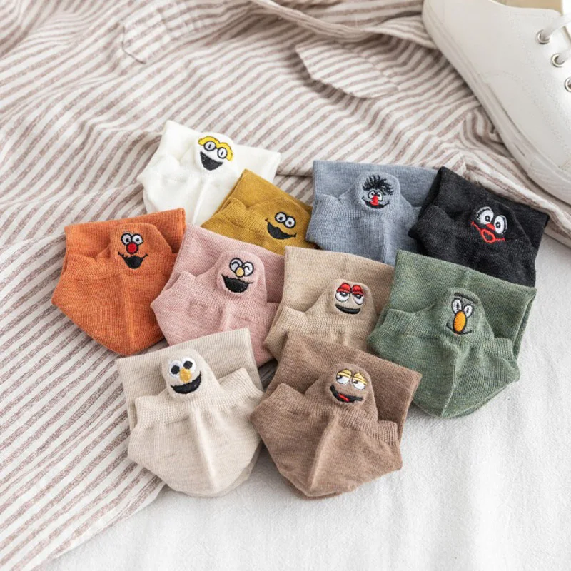 Harajuku Design Kawaii Funny Expression Women Socks Summer New Happy Fashion Ankle Cotton Cartoon Embroidered Girl | Женская одежда