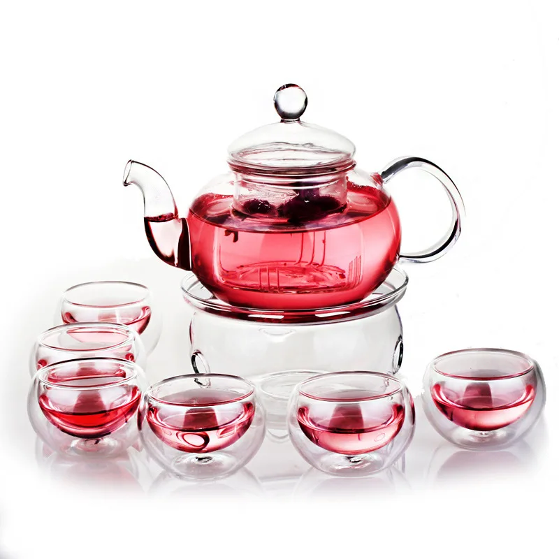 

2019 Hot-sale High Quality 8pcs Heat-resistant Glass Teapot 1pcs 600ml Teapot+ 6pcs Cup+1pcs Heat Warmer Tea Coffee Service Set