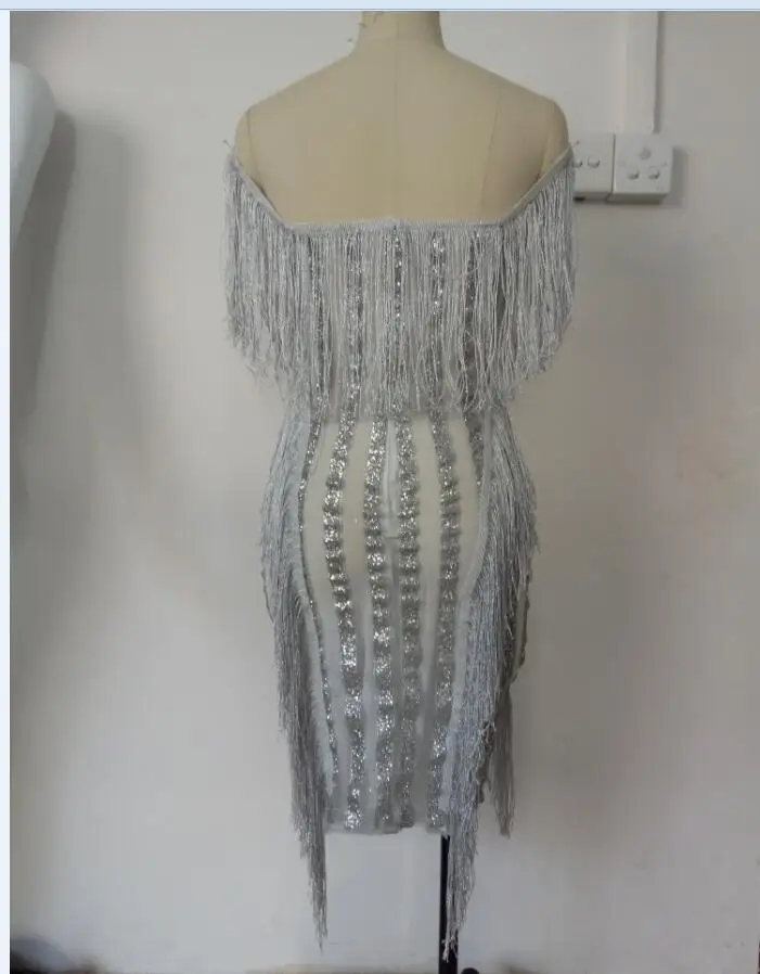 Высокое качество Новый Серебряный кисточкой выдалбливают Bodycon платье для