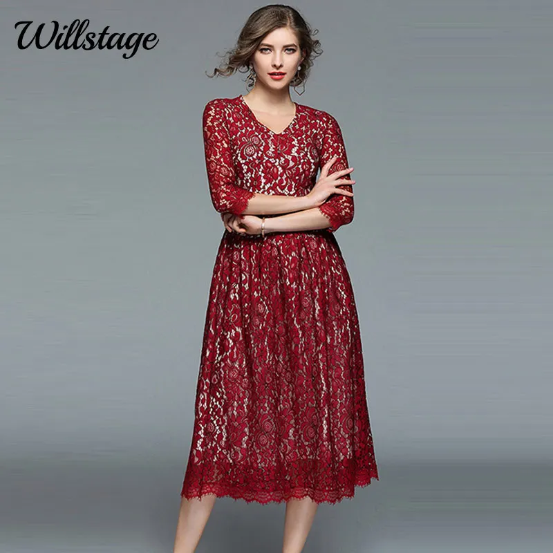 Весеннее Новое Красное Кружевное Платье Willstage 2019 элегантное платье миди с V