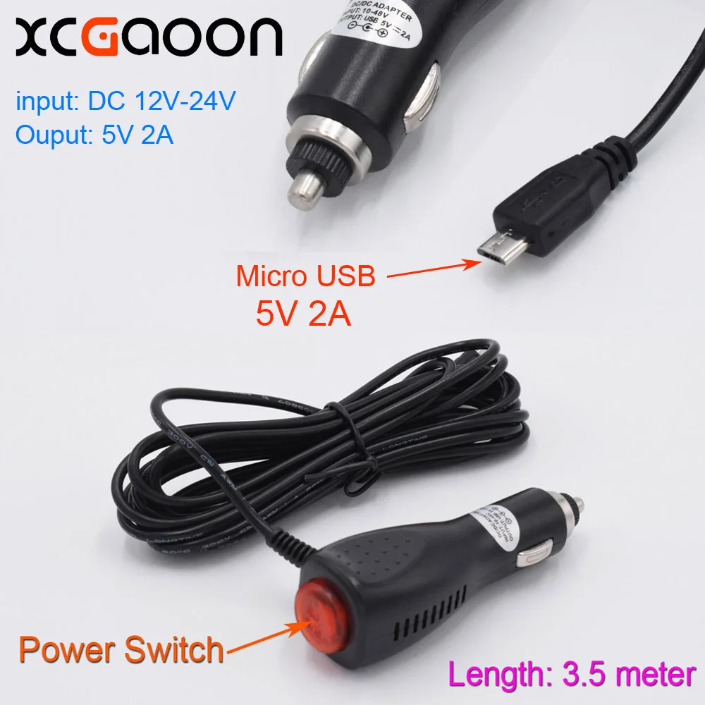 

XCGaoon micro USB Car Charger With Switch for Smartphone / Car DVR Camera / GPS, input 12V 24V Output 5V 2A Cable Length 3.5m