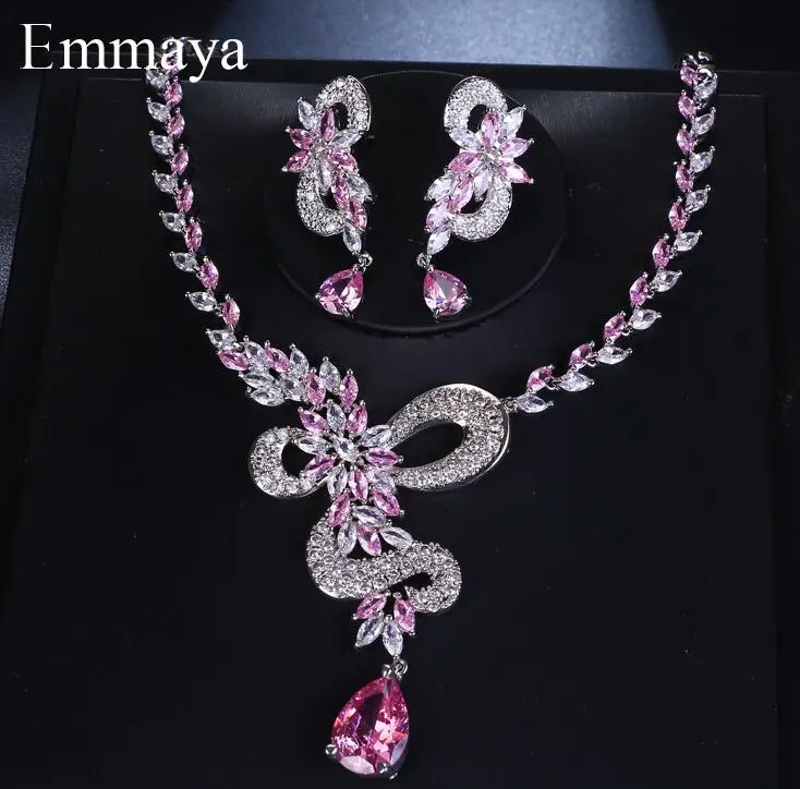 pink Emmaya, модный бренд, в форме капли воды, AAA, кубический циркон, три цвета, кристалл, серьги, ожерелье, набор для женщин, невесты, ювелирное изделие, подарок - Окраска металла: pink
