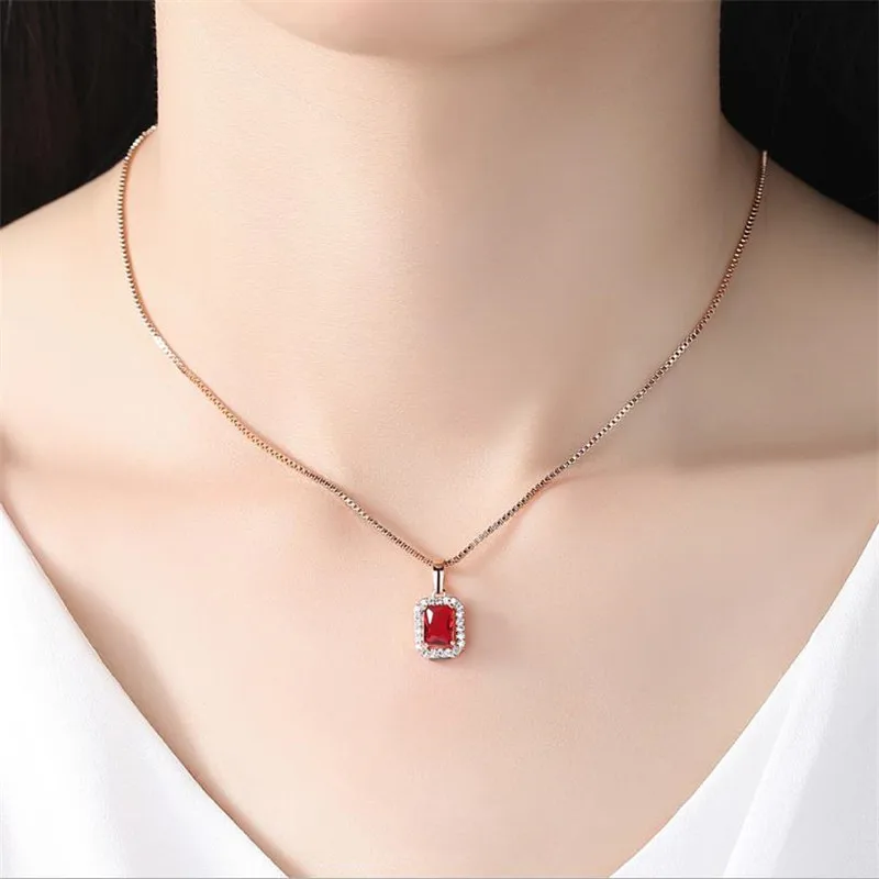 

LUKENI New Fashion Rose Gold Women Choker Necklace Jewelry Trendy Crystal Red Rectangle Shiny Stones Female Pendants Necklace