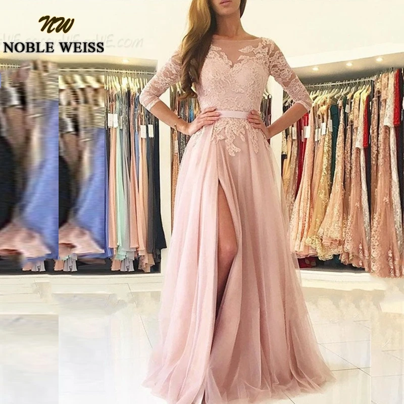 

Fancy Prom Dresses 3/4 Sleeves A-Line Pink Split Lace Tulle Vestidos De Egresadas Plus Size 2020 Formal Party Evening Dress