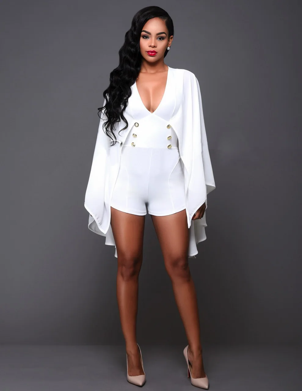 Женский комбинезон с рукавами летучая мышь на пуговицах v образным вырезом