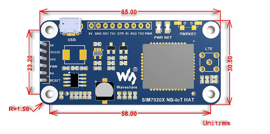 Waveshare NB-IoT HAT для Raspberry Pi, на основе SIM7020E, B1/B3/B5/B8/B20/B28 диапазонов, для Европы, Азии, Африки, Австралии