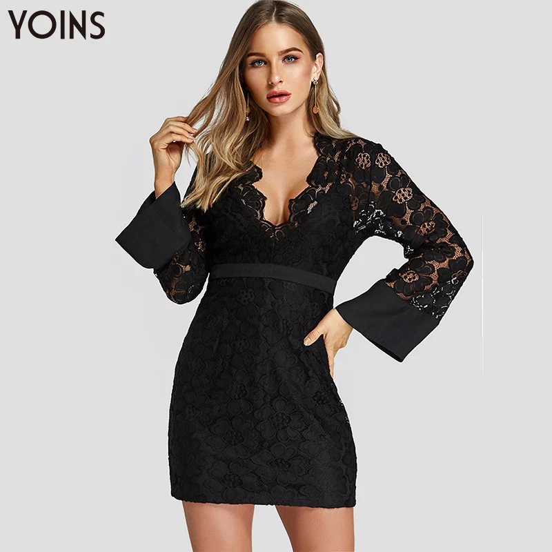 YOINS 2019 лето и осень женское глубокий v образный вырез платье сексуальное черное