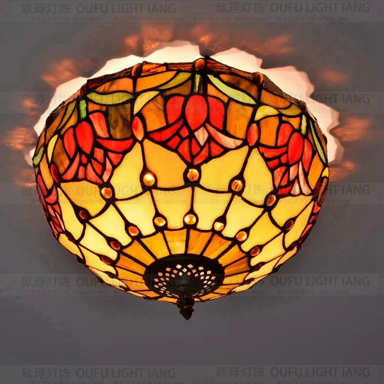 

European Baroque 12 inch LED E27 110-240V Pastoral Ceiling Light Tiffany Round Glass Lampshade lamparas de techo abajur