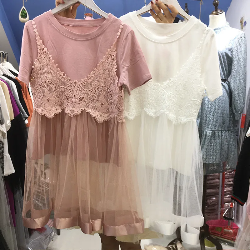 Neploe Новый Springr двух частей Для женщин Топ Кружева Марля Смок короткий рукав