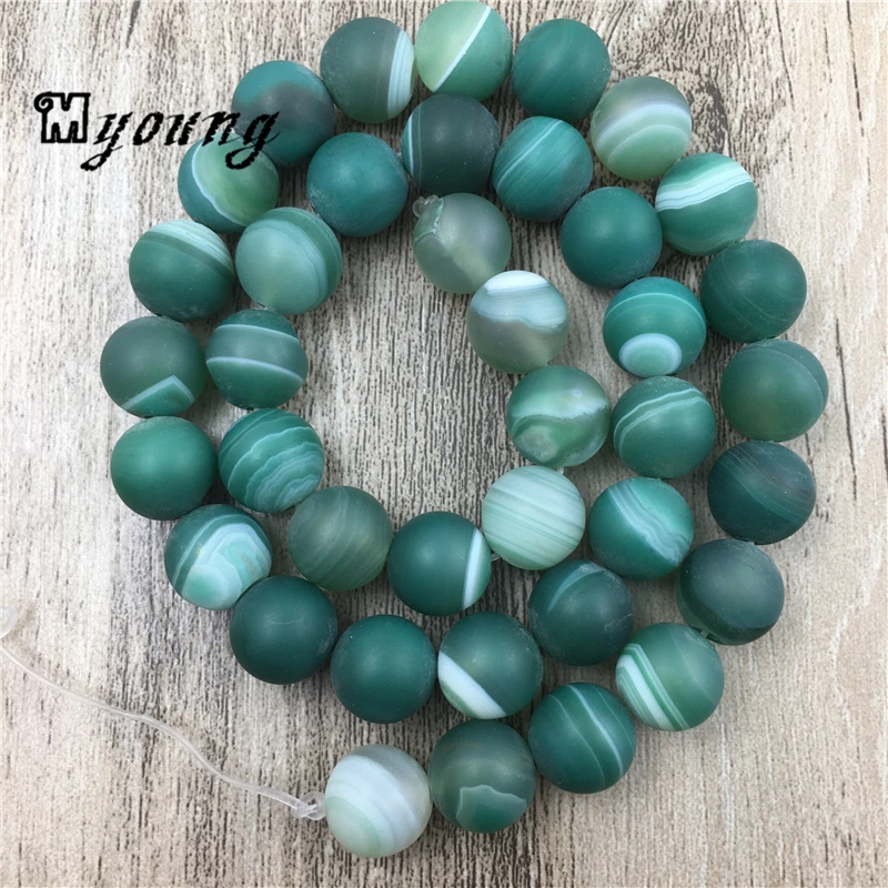

15.5 Inch Frosted Green Striped Agates Beads, Lace Nature Stone Round Drilled Beads 5 Strands/Lot MY0060