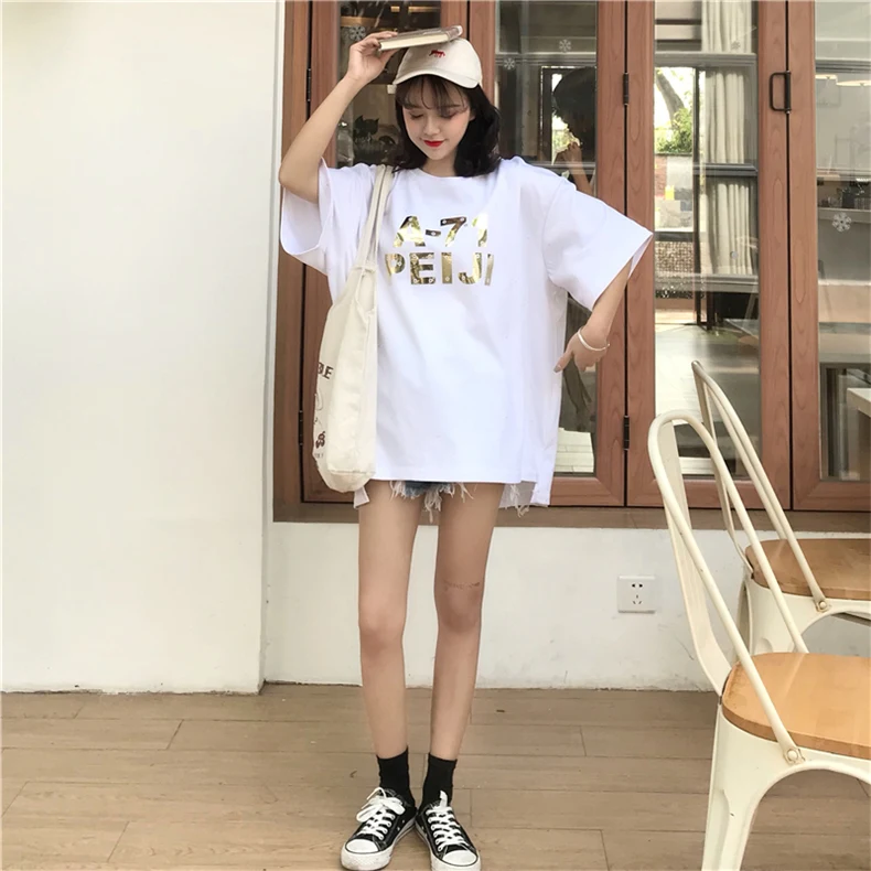 Женская футболка из хлопка повседневная трикотажная длинная рубашка с коротким