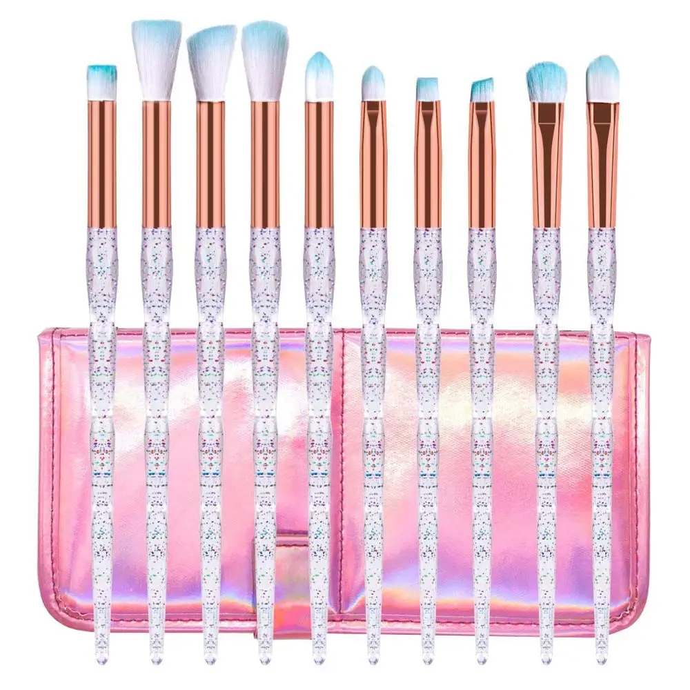 Crystal with Bag SALIYOO 10 шт., набор кистей для макияжа с бриллиантами, тени для век, подводка для глаз, кисть для растушевки лица, косметический инструмент+ розовый чехол-сумочка - Handle Color: Crystal with Bag