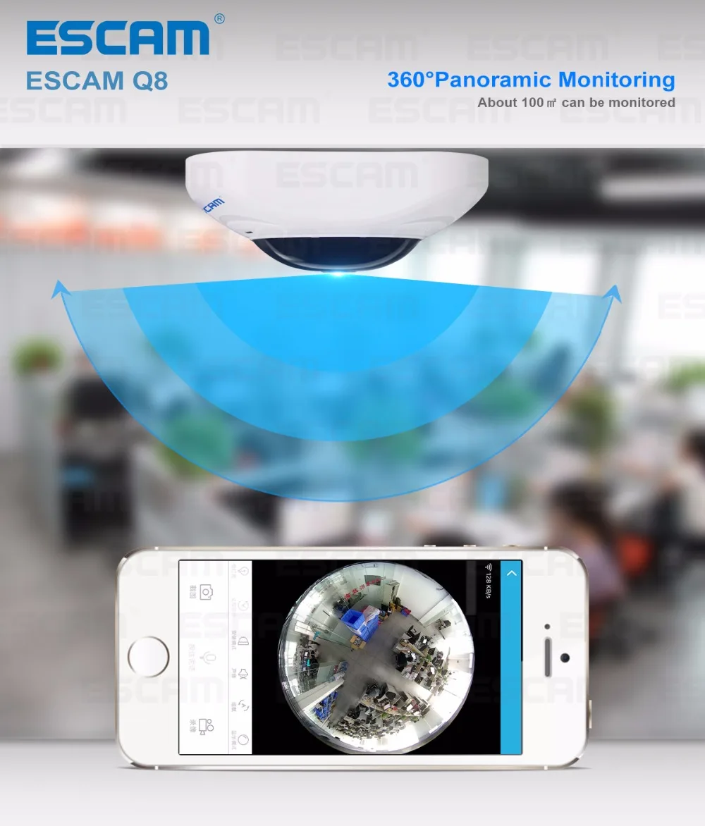 ESCAM Q8 HD 960P 1.3MP 360 градусов панорамный монитор рыбий глаз wifi ИК Инфракрасная камера с двухсторонним аудио/детектор движения Макс 128G