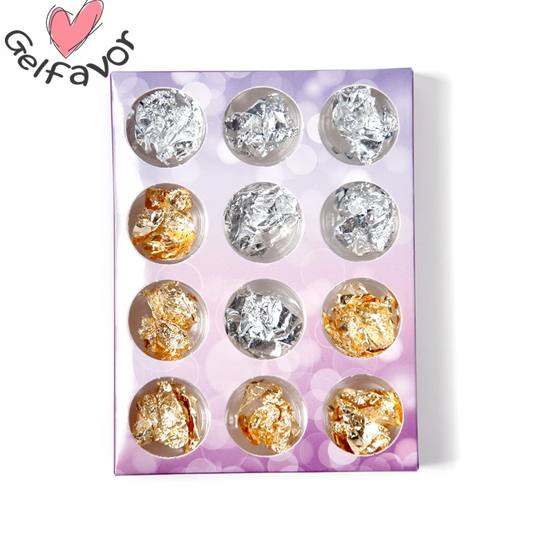 Gelfavor 12 горшок/набор золотой серебряный блеск для ногтей наклейка из фольги