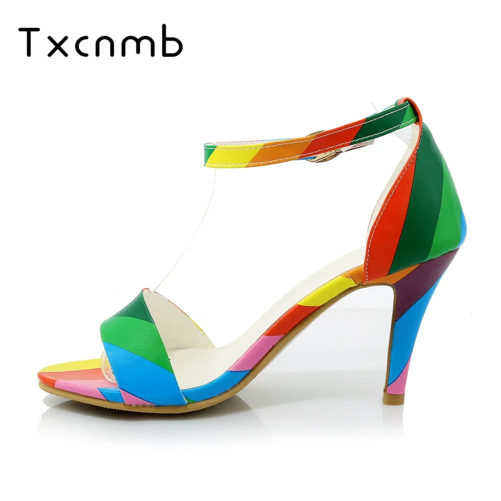 TXCNMB newest women sandals fashion woman shoes mixed color summer shoes sexy stiletto heels party shoes woman big size 43