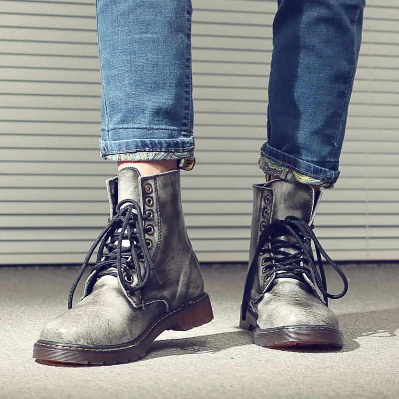 Мужские ботинки мартинсы из ПУ кожи на шнуровке Винтажные с высоким берцем