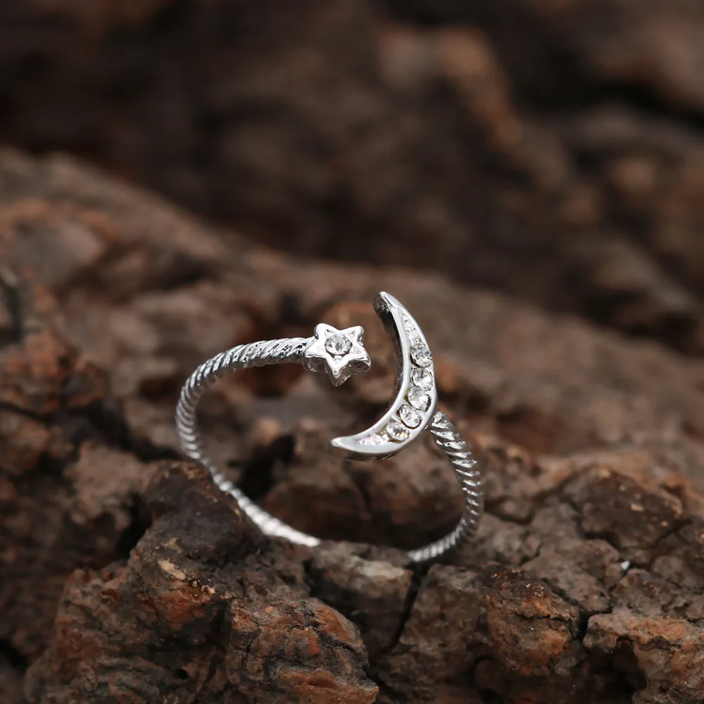 Kinitial Wholesale Crescent Moon and Star Ring Moonstone Sailor Women Wedding Open Austrian Crystal Jewelry | Украшения и