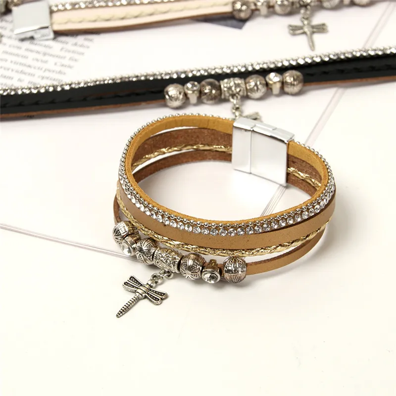 ORNAPEADIA New bohemia bracelet fashion Vintage beads sweet Multilayer leather dragonfly pendant girls festival gift | Украшения и