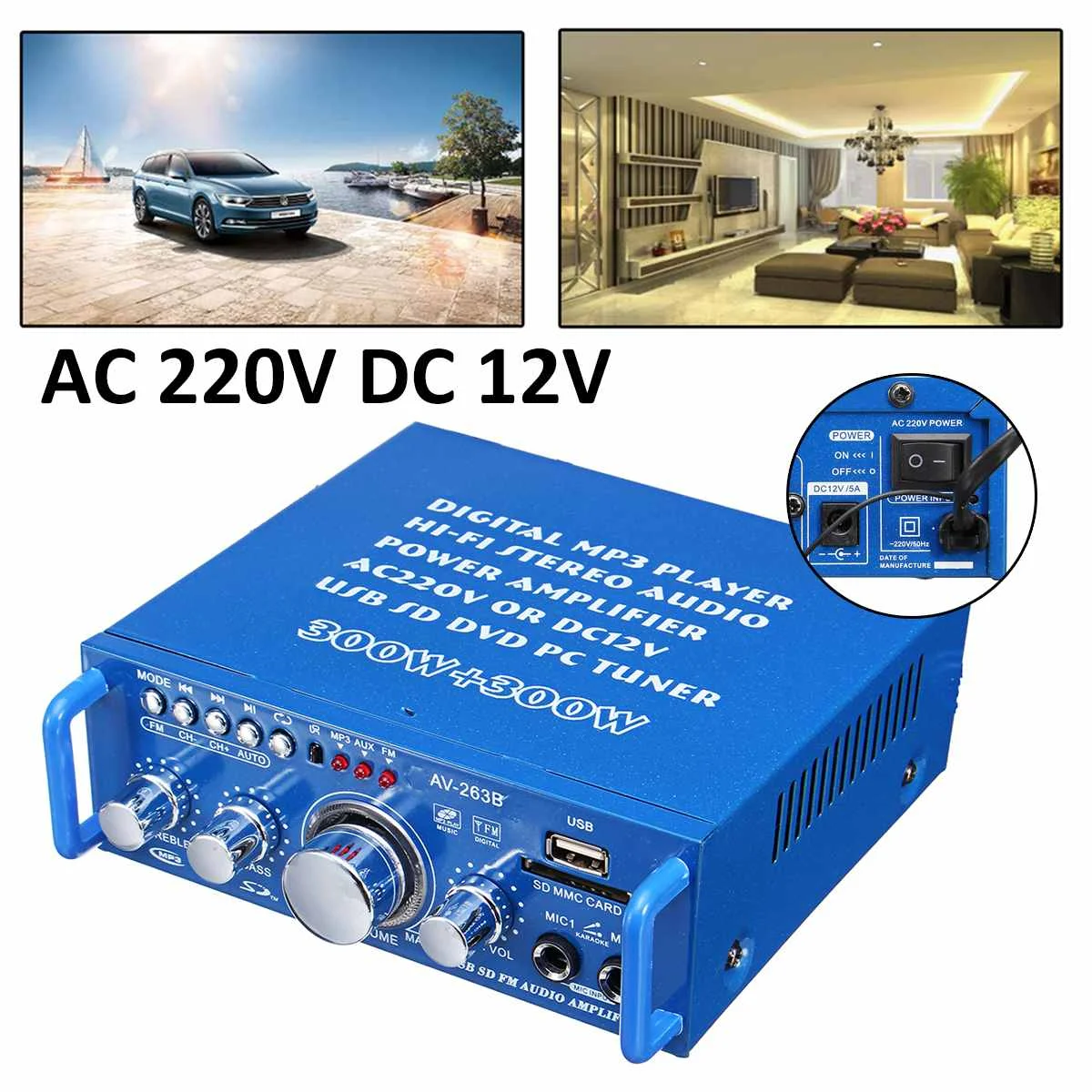 12 В/220 В 600 Вт HIFI 2CH автомобильный bluetooth стерео усилитель мощности музыкальный плеер аудио FM радио домашний кинотеатр усилители с микрофонами