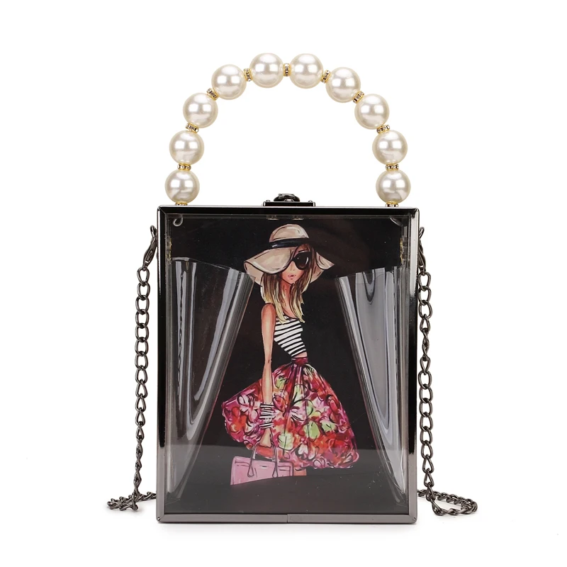 

Transparent Acrylic Pearl Handle Character Pattern Box Women Party Handbag Shoulder Bag Chain Purse Crossbody Bag Female Pouch
