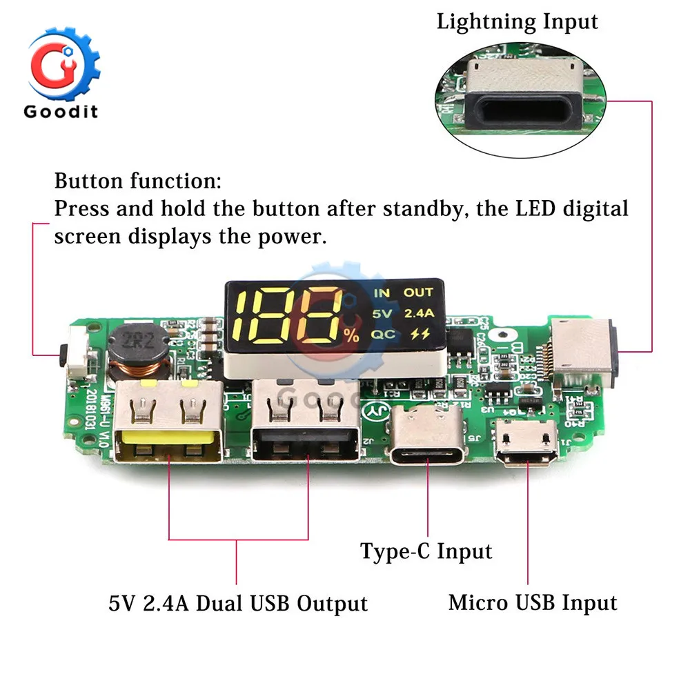 QC Быстрая вспышка светодиодный двойной USB Micro Type C светильник внешний аккумулятор