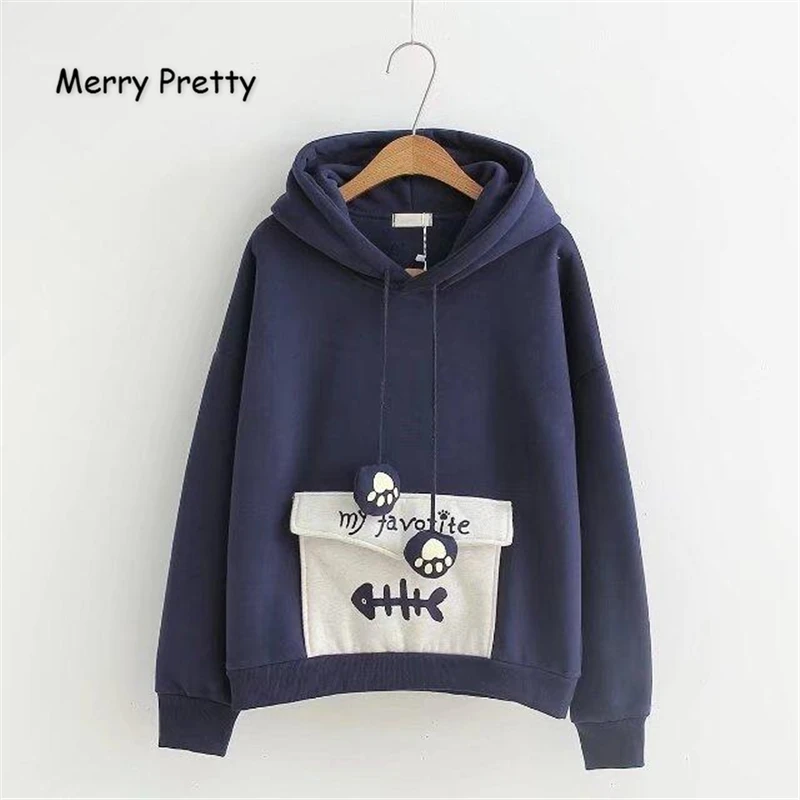 Merry Pretty женские плюс бархатные толстые толстовки с капюшоном с мультяшным принтом толстовки с длинным рукавом для женщин повседневные пуловеры с карманами