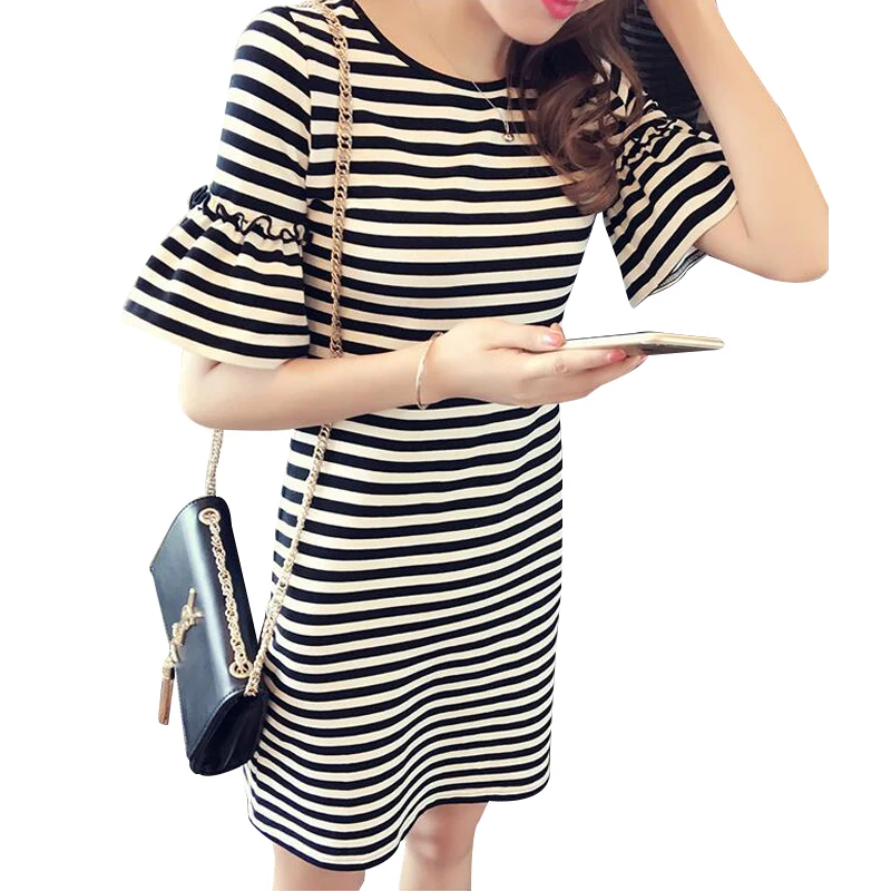 Женское платье 2017 новое поступление летнее в полоску черно белое мини с