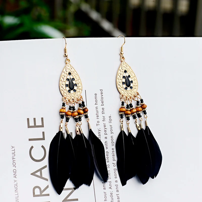 Винтажные серьги цыганское перо в стиле бохо металлические с каплями воды