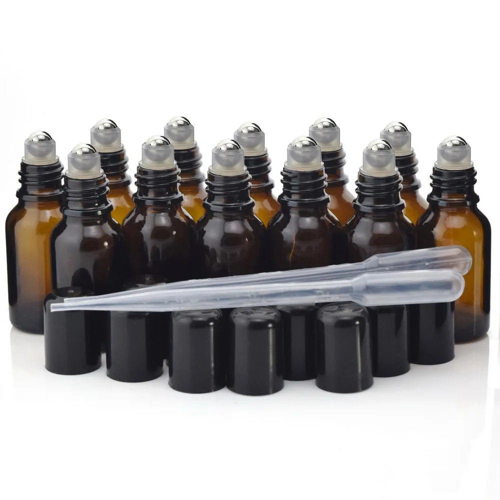 12pcs 15ml Amber Glass Roll on Bottles Empty Stainless Steel Roller Ball Bottle Vials for Essential Oils Aromatherapy Perfume