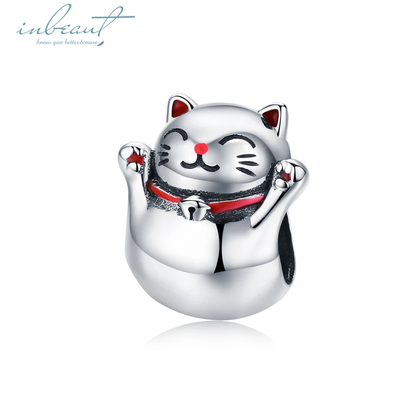 Inbeaut Горячая стерлингового серебра 925 Красный и Черный Эмаль fit Pandora браслет деньги бусины кошка удача браслет с кошкой амулеты
