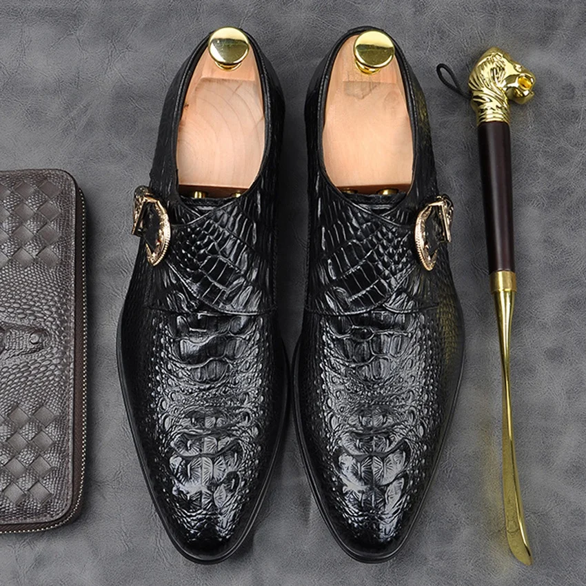 

Fashion Genuine Leather Formal Dress Men's Monk Strap Shoes Alligator Pattern Pointed Toe Belt Casual Wedding Office Flats AM105
