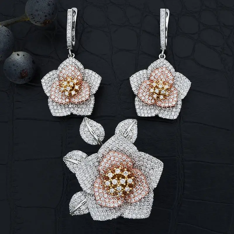 

Fashion Three Tone Flower Earrings Ring Jewelry Sets AAA Cubic Zircon Women Wedding Party Bijoux Bijouterie Gift