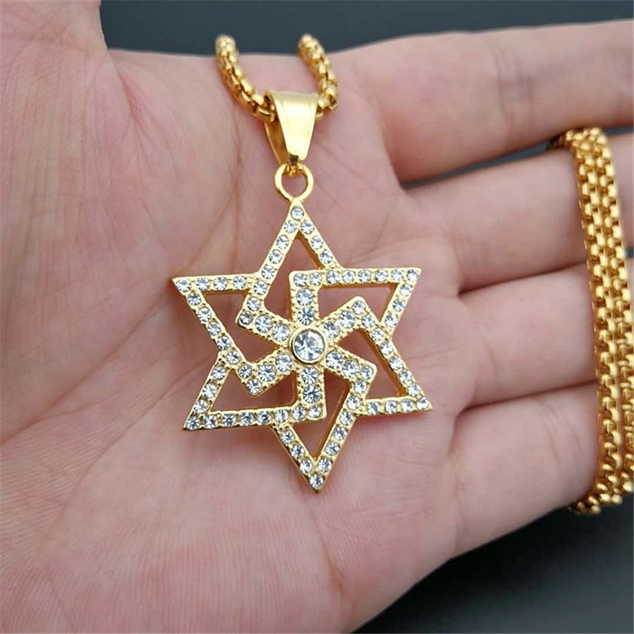 

Iced Out Star of David Swastika Pendant Necklace Gold Color Stainless Steel Chains For Men Jewish Buddhism Religious Jewelry