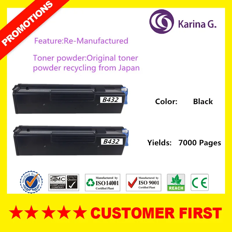 

2PCS Re-manufactured for OKI B432 B412 B512 MB472 MB492 Black Toner Cartridge
