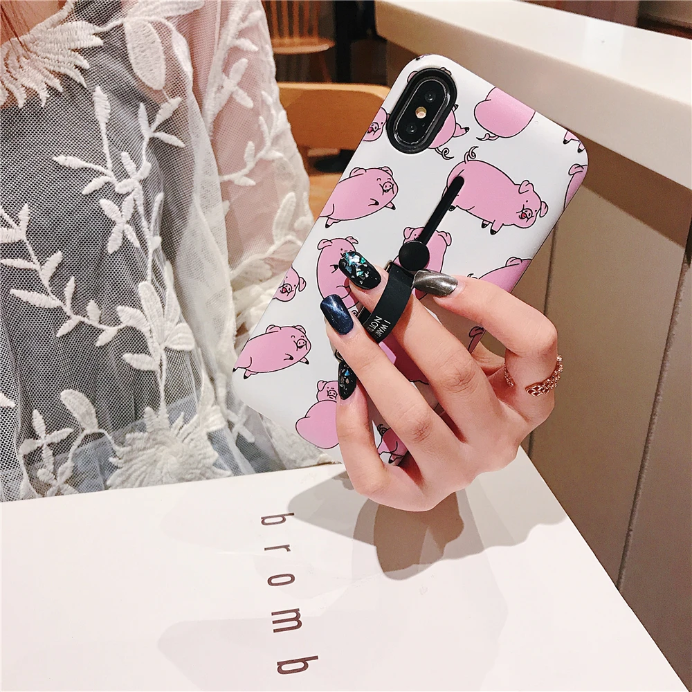 High quaity Hide Bracket Ring Phone Case For iPhone 6 6S Plus 7 8 Relief Cartoon Lovely Pink Pig XS MAX XR |