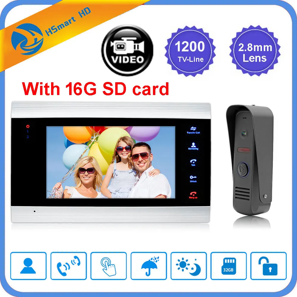 HD-EM706-R02-16G 7 дюймов Сенсорная Кнопка HD видео дверной звонок Домофон водонепроницаемый домофон 1 монитор+ 1 домофон+ 16 Гб sd-карта - Цвет: HD-EM706-R02-16G