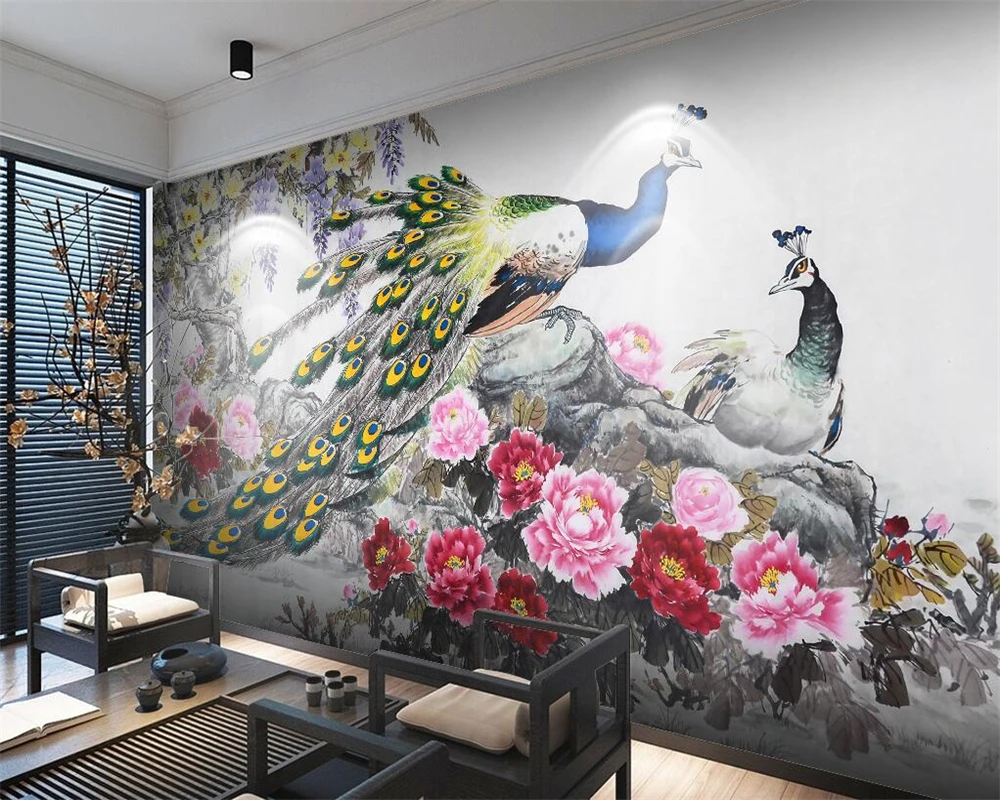 Пользовательские обои в европейском стиле ручная роспись Павлин Ретро диван фон
