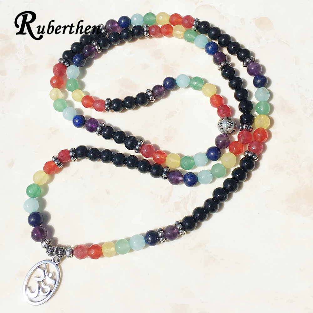 Новый модный браслет Ruberthen 108 Mala 6 мм натуральный черный камень 7 чакр колье лучший