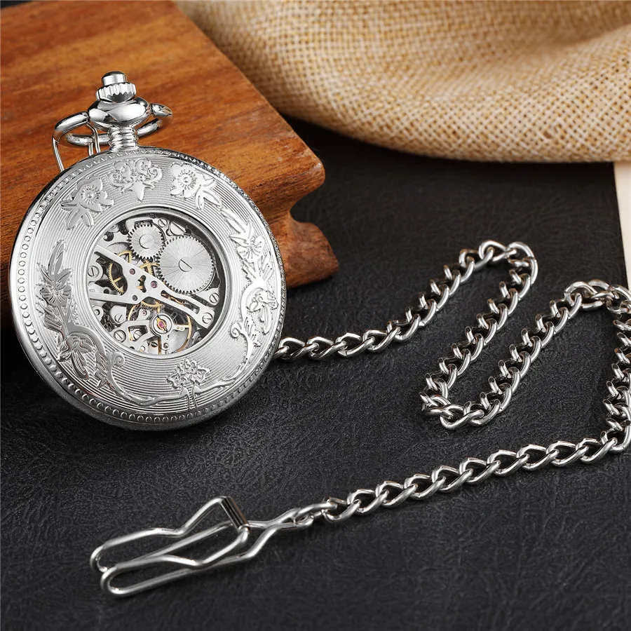 Pocketwatch Silver  Roman Numerals Antique Hand Wind Mechanical Pocket Watch Skeleton Steampunk Unique Gear Men Women