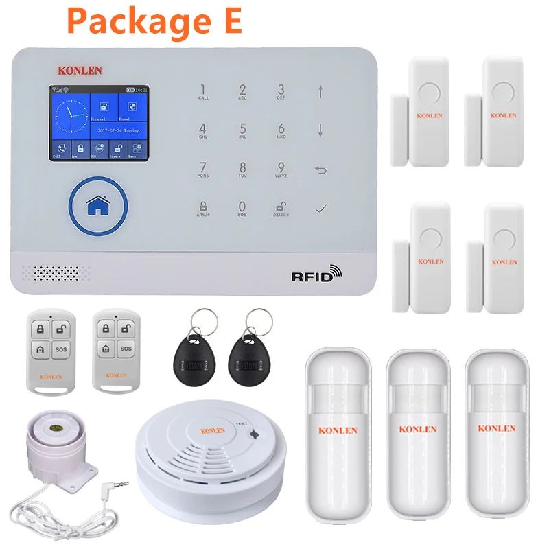 Package E KONLEN wifi GSM RFID охранная домашняя охранная сигнализация Беспроводная Android русская испанская Голосовая Солнечная Сирена датчик дыма двери - Цвет: Package E