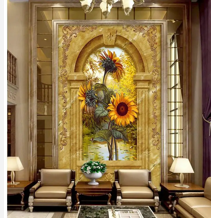 Украшение дома цветок обои 3D Подсолнух мраморный вход росписи 3d картины для