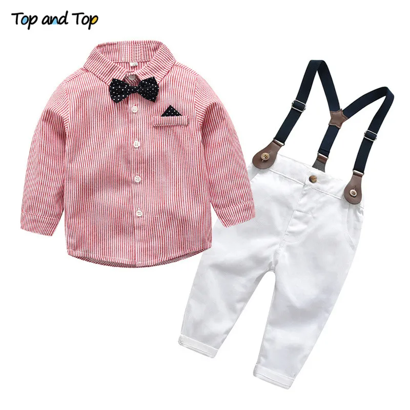 Top and Kids Boy Clothes Set Autumn Children Clothing Boys Gentleman Suits Long Sleeve Bow Tie Shirt+Suspender Trousers | Детская одежда