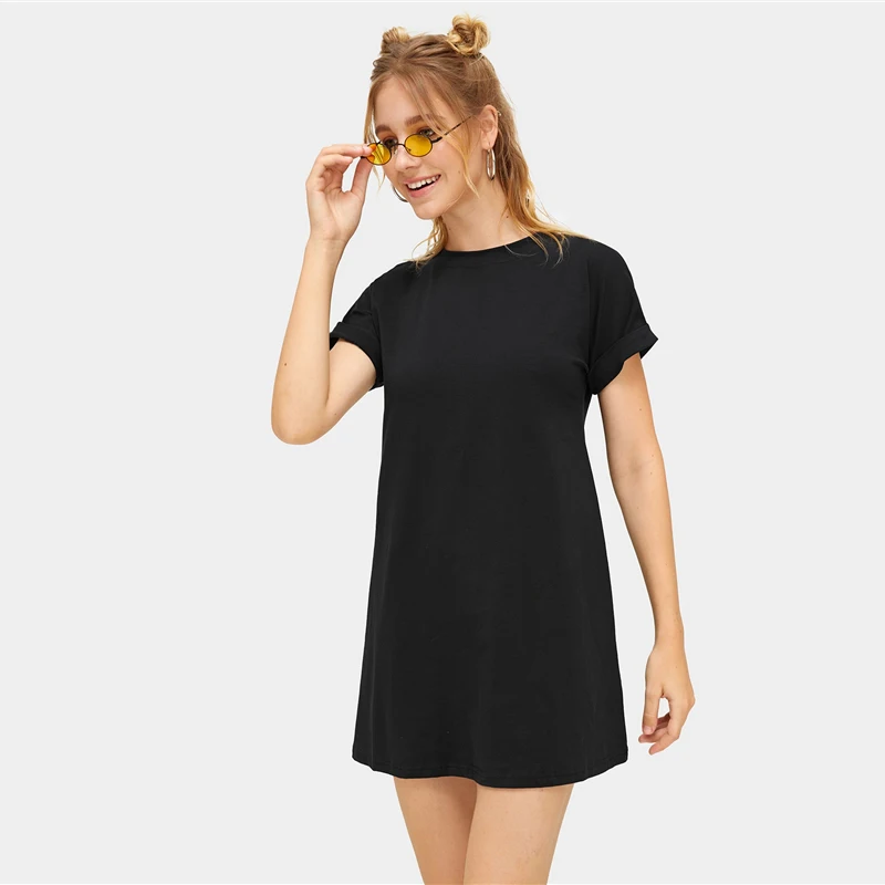 SweatyRocks, черная футболка с манжетами, платье для женщин, однотонное, для отдыха, короткая футболка, платья,, летнее повседневное мини-платье