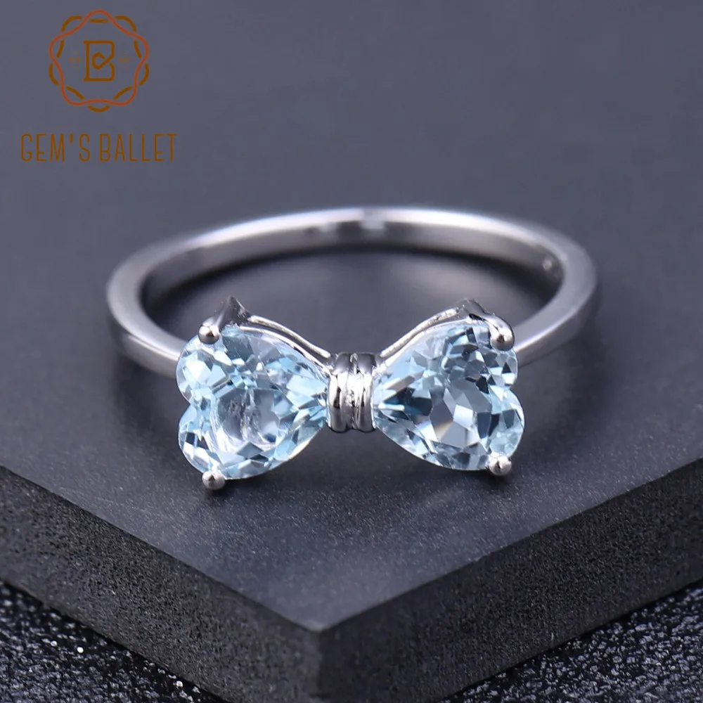 GEM'S балетное Настоящее 925 пробы Серебряное кольцо с бантом 1.91ct натуральное небесно-голубое топазовое кольцо в форме сердца для женщин подарок на день Святого Валентина ювелирные изделия