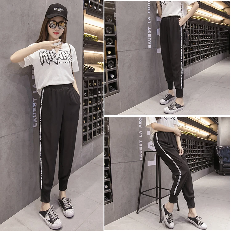 2019 новые женские штаны с буквенными наклейками черная высокая талия шифон