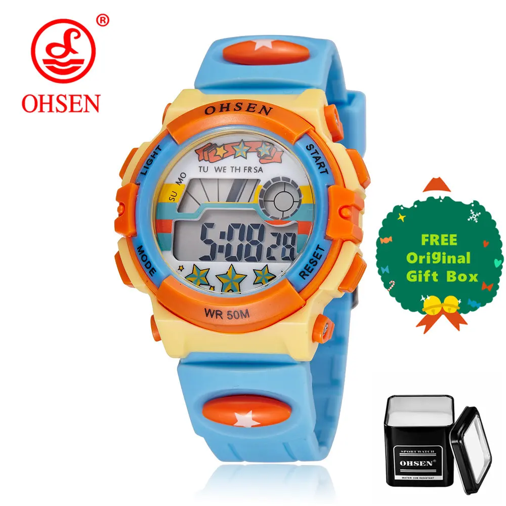 light blue and box OHSEN детские часы электронные 5 бар водонепроницаемые часы для спорта на открытом воздухе детские часы модные цифровые часы для мальчиков Relogio Masculino - Цвет: light blue and box