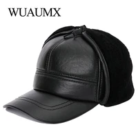 wuaumx sheepskin leather mens baseball caps high quality genuine leather hats for male winter keep warm hat with ears earflap