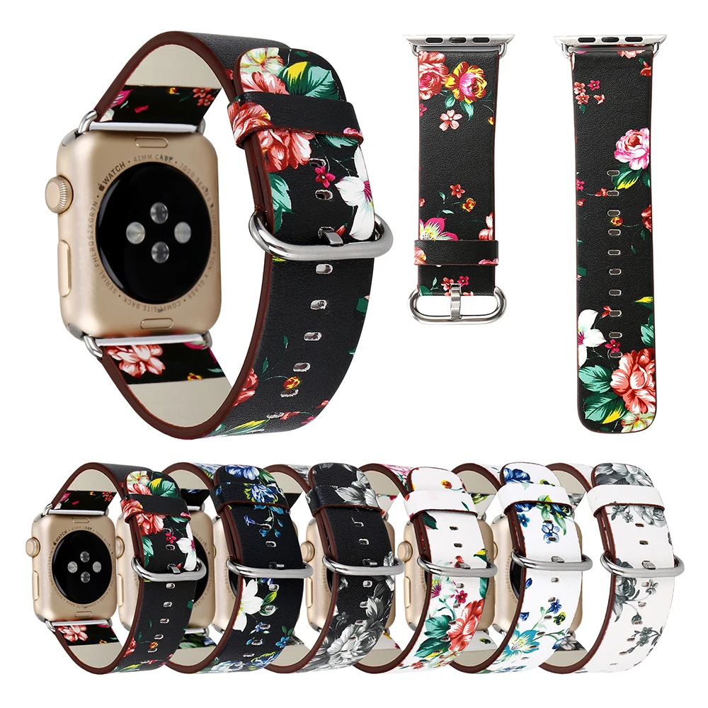 Ремешок для часов Apple Watch 3 2 1 браслет Модный цветочный принт натуральная кожа