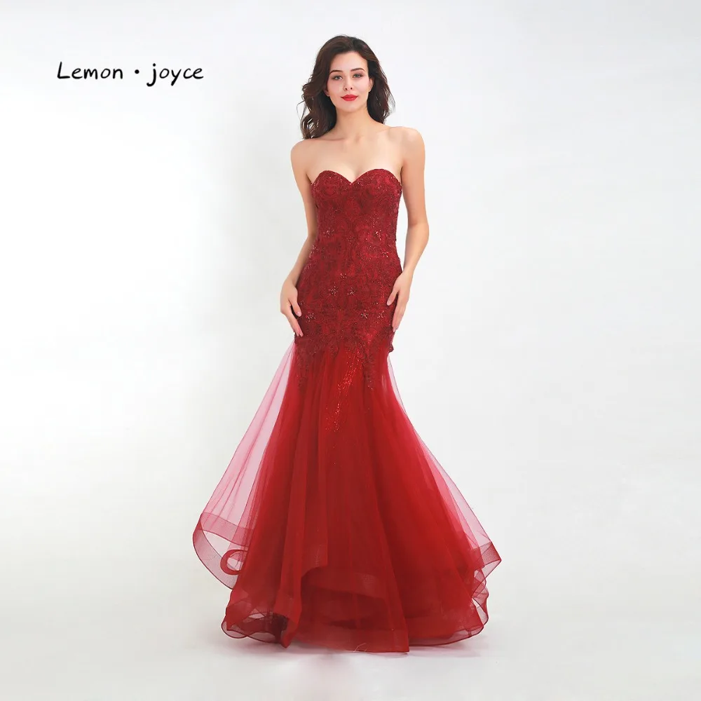 Lemon joyce винно красные вечерние платья русалки Длинные 2019 из кружева бисера